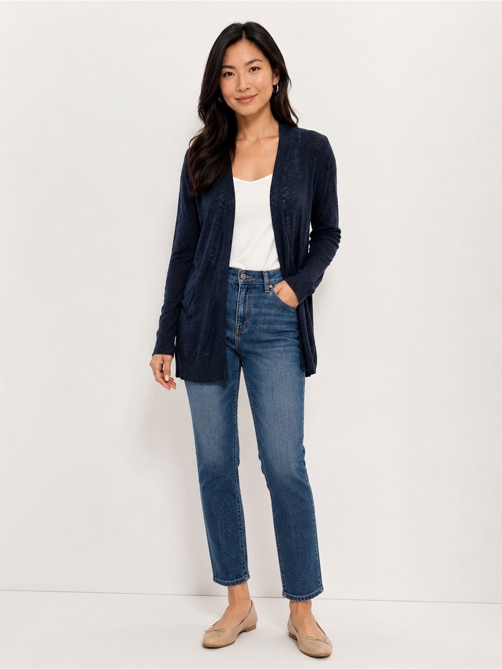 Ann Taylor Factory Classic Navy Open-Front Linen-Blend Cardigan Sweater - MP